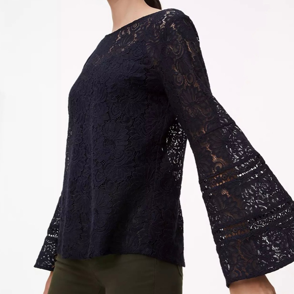 Loft Lace Boho Bell Sleeve Top Blouse Navy Blue Size Small